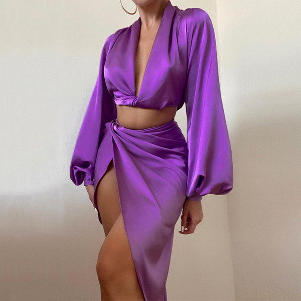 Sidiou Group Wholesale High Quality Sexy Two Pieces Clothing Women Dress And Slit Top Sets Ladies Solid Color Satin Skirt Suit