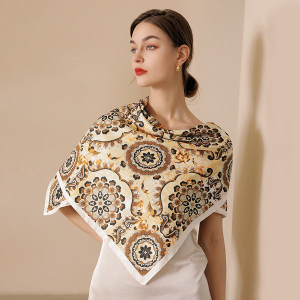 Sidiou Elegant Designer Satin Flowers Print Silk Scarf Hijab Square Famous Brands Handkerchief Silk Stoles Scarves For Women