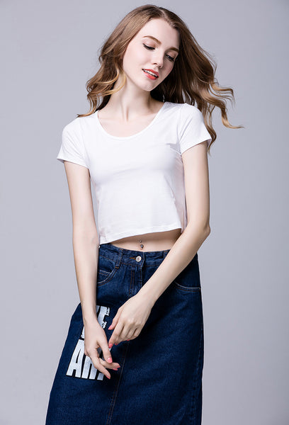 Hot sale Fashion Casual Daily White Short-Sleeve T-Shirt Women's Half-Sleeve Slim Cropped Navel Short Round Neck Solid Color Top