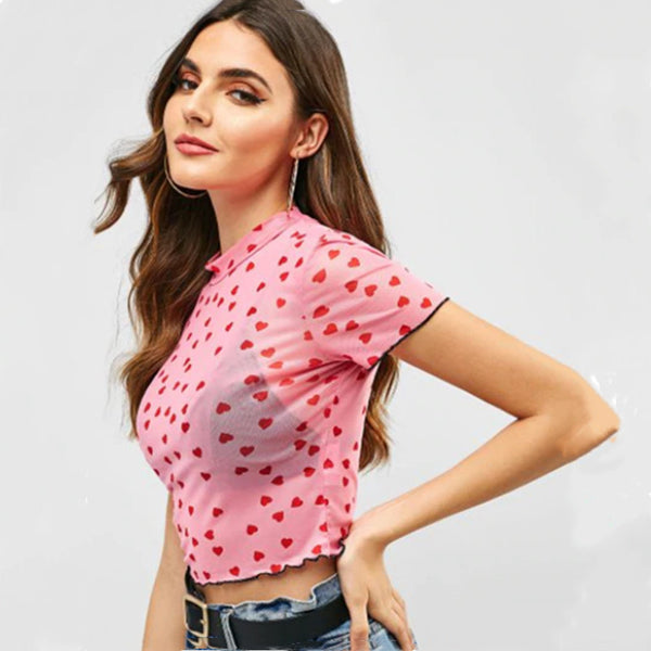 Sidiou Group Summer Custom Women's Short Sleeve T-Shirt Gauze Perspective Sexy Tops Slim Fit Pink Heart Print Cropped Tee