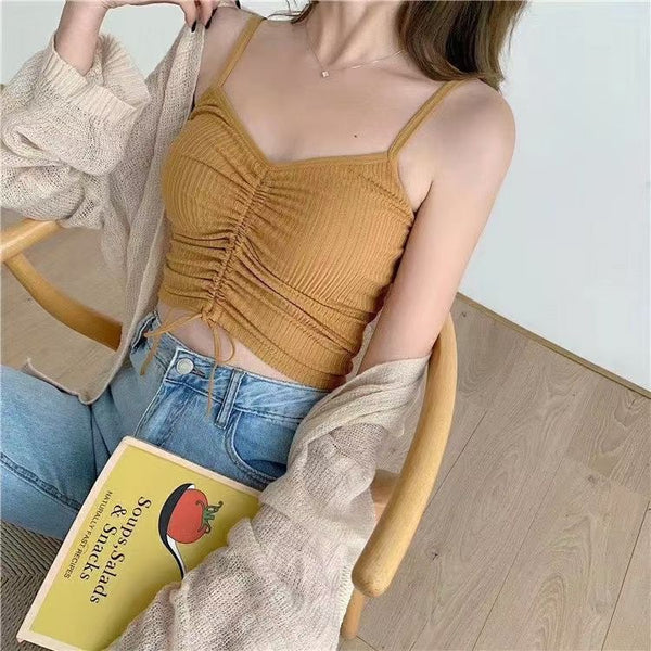 New Style Women's Short Vest With Chest Pad Comfortable Summer Plain Color Backless Top Drawstring Ruched Bandage Sleeveless Ladies Vest
