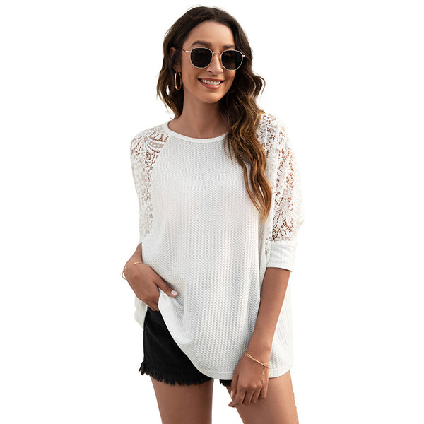 Sidiou Group Hot Selling Basic Style Women T-Shirts Lace Stitching Half Sleeve Crew Neck Loose Casual Top