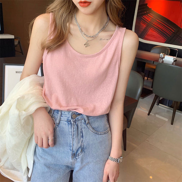 Custom Cheap Price Summer Cotton And Linen Women's O-Neck Sleeveless Solid Color Vest  Ladies Loose Breathable Thin Tank Tops