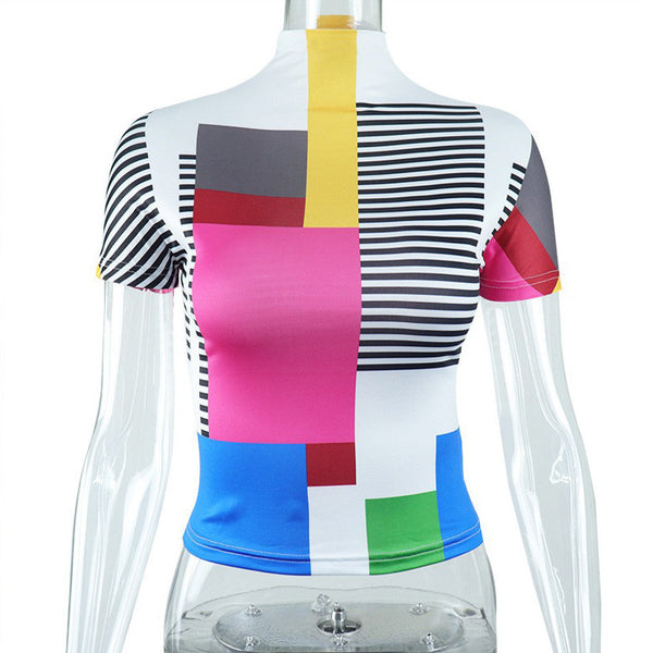 Sidiou Group High Quality Street Geometric Print Ladies T-Shirt Hot Sale Half Turtleneck Slim Fit Short Tops