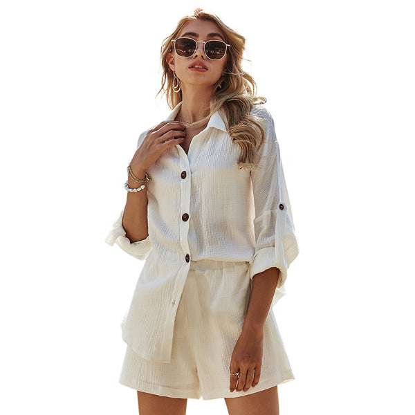 Wholesale Summer White Shirt Shorts Two Piece Suits For Women Casual Solid Color Breathable Cotton Linen Shorts Suit Ladies Sets