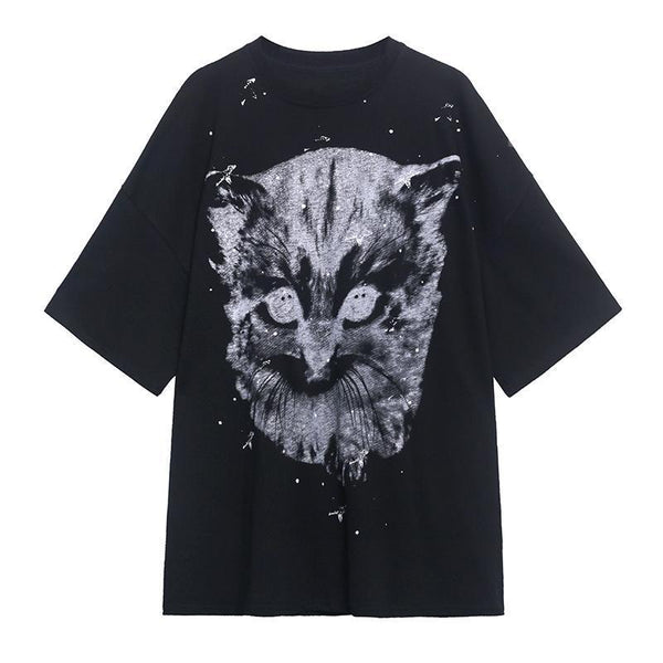 Sidiou Group New Design Personality High Quality Casual Loose Mid Length Cat Print T-Shirt O-Neck  Oversized  Women's Top