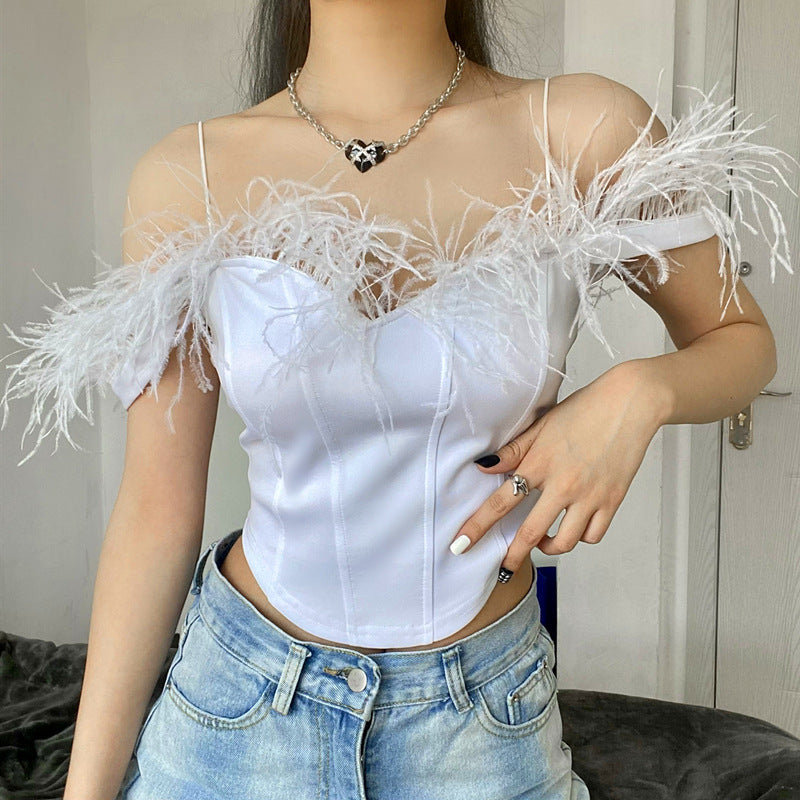 Sidiou Group High Quality Design Fashion Sleeveless Feather Trim Womens Tank Tops Vest Summer Solid Color Cropped Sexy Camisole