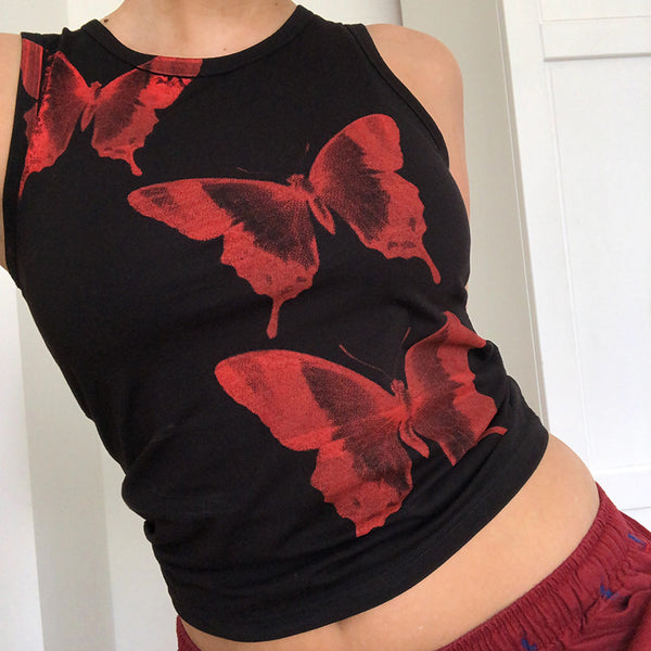 Summer New Fashion Street Butterfly Print O Neck Slim Women's Vests Polyester Clashing Color Sleeveless Top Women Clothing