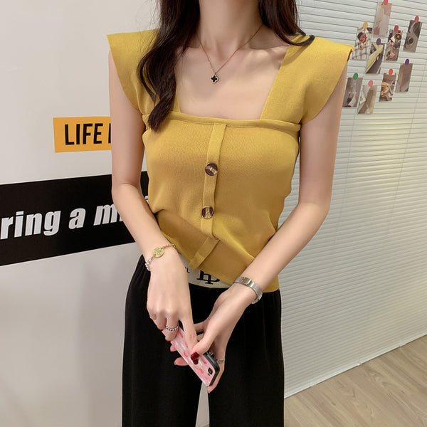 Latest Design Fashion Casual Slim Tight Summer Knitting Short Tank Vest One Word Collar Button Decoration Solid Color Women's Vests Tops