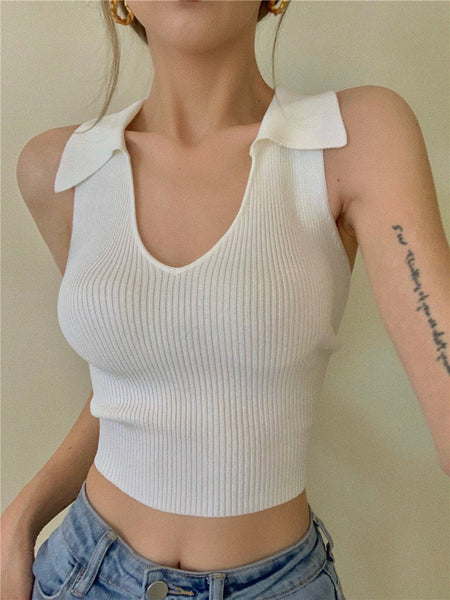 Wholesale Ribbed Knitted Polo Neck Suspender Vest Women's Tank Tops Summer Fit Sexy Style Tank Women Solid Color Clothing Tops