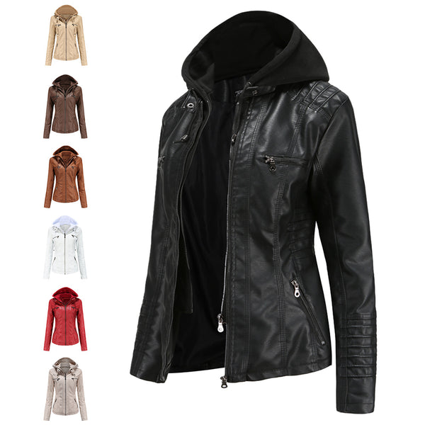Sidiou Group Anniou Fashion PU Leather Jacket Casual Stand Collar Zipped Biker Jacket with Removable Hood Jacket for Women