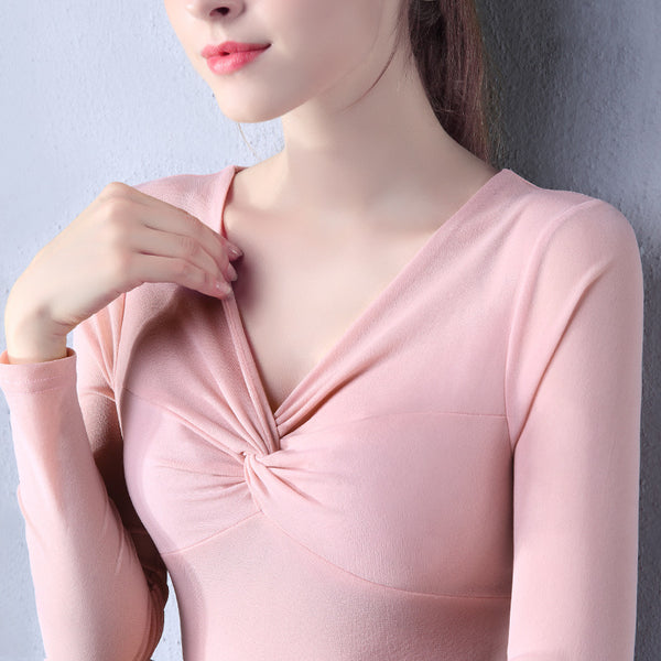 Custom Long Sleeve V Neck T Shirts Wholesale Cheap Price Sexy Low Cut Bottoming Shirt Gauze Slim Fit T-Shirt Top For Women