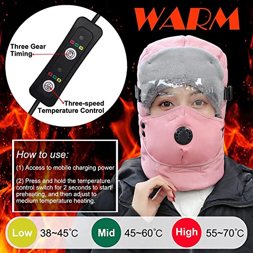 Sidiou Group Anniou USB Heated Hat Rechargeable with Windproof Goggles and 3D Mask Winter Thick Warm Bomber Hat 3 Levels Control Temperature Waterproof Unisex Heating Ski Cap