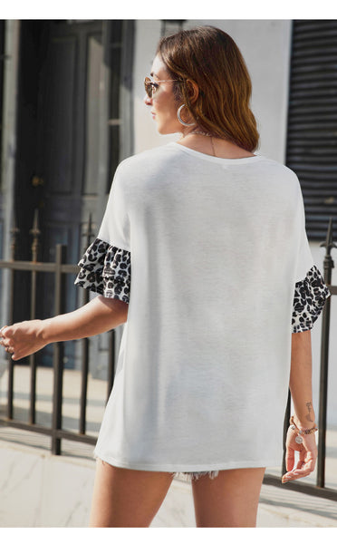 Sidiou Group New Arrivals Custom Leopard Splicing Women's T-Shirt Summer Short Sleeve Casual V Neck Cheap T Shirt Tops