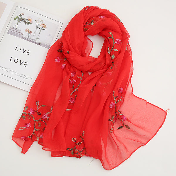Wholesale Newest Ladies Luxurious Designer Silk Scarves Retro Personality Peach Blossom Embroidery Silk Hijabs Women Silk Scarf