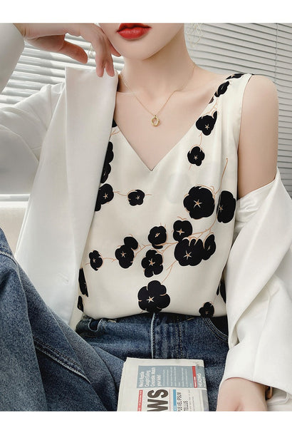 Personality Fashion Floral Printed Suspender Vest Women's Outer Wear Tube Top Loose Fitting Tank Ladies V Neck Ice Silk Clothing