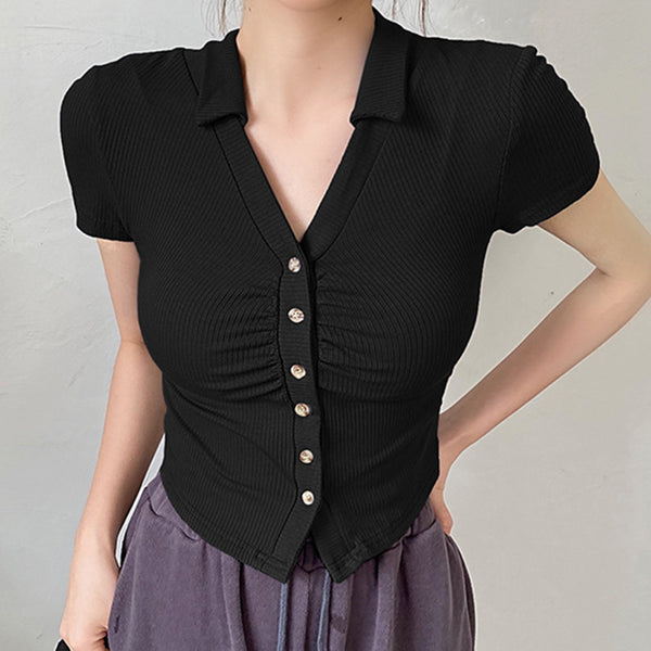 Sidiou Group Anniou Fashion Sexy V-Neck POLO Shirt Slim Short Sleeve Button Cardigan Women's Cropped T Shirt Tops