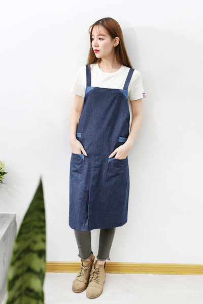 Cotton Denim Casual Work Bibs Cross-Back Straps With Pockets For Men and Women Coffee Shops Cleaning Baking Make A Embroidery Custom Print Apron