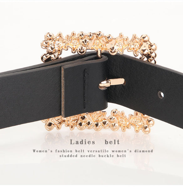 Fashion Luxury Women's Rhinestones Bling Bling Crystal Diamond Studded Solid Color PU Leather Ladies Girl Decorative Waist Belt