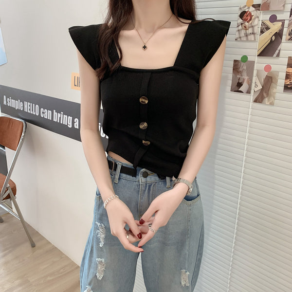 Latest Design Fashion Casual Slim Tight Summer Knitting Short Tank Vest One Word Collar Button Decoration Solid Color Women's Vests Tops