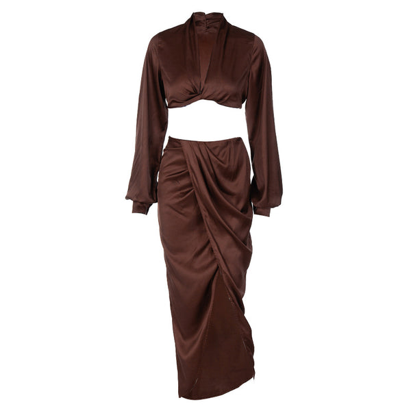 Sidiou Group Wholesale High Quality Sexy Two Pieces Clothing Women Dress And Slit Top Sets Ladies Solid Color Satin Skirt Suit