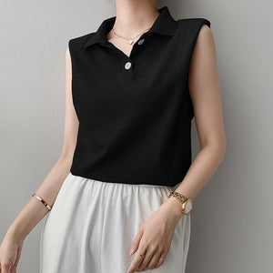 Wholesale New Design Pure Cotton Ladies POLO Shirts Loose Sleeveless T-Shirts With Shoulder Pads Casual Tops
