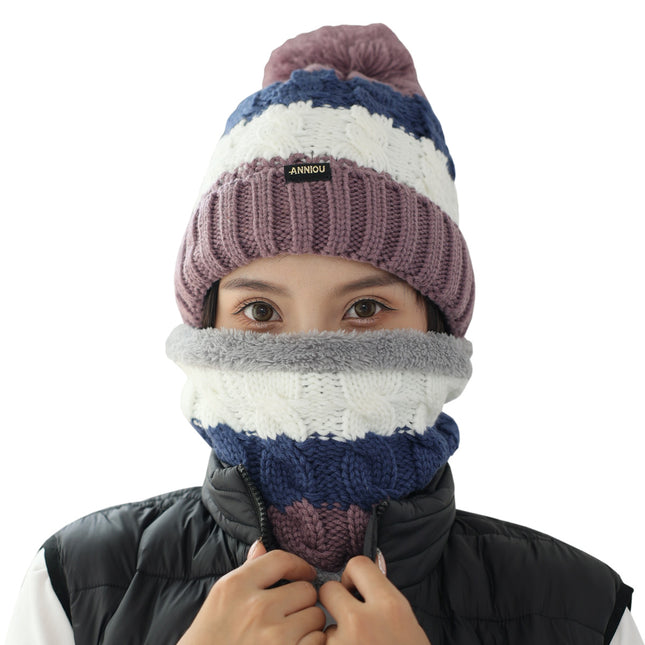 Women Knitted Hat Scarf Set Winter Warm Thicken Pom Pom Knitted Beanie Hat Fleece Lining Fashion Outdoor Cycling Windproof Knit Earmuff Cap Scarves