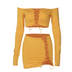 Sidiou Group Wholesale High Quality Women's Two Piece Skirt Sets Sexy Drawstring Long Sleeve V Neck Crop Top Short Skirt Suit
