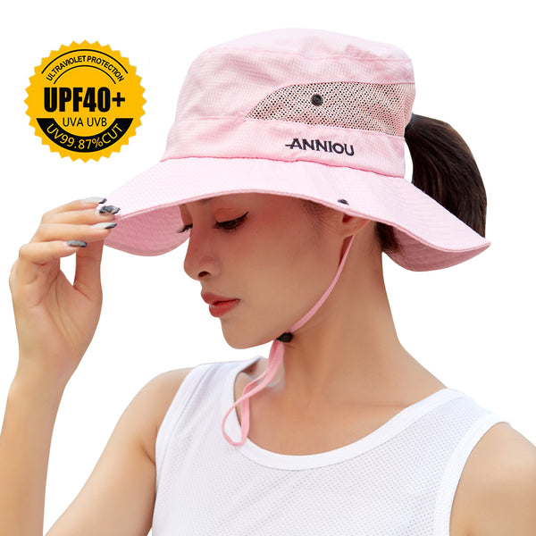 Sidiou Group Anniou Fishing Hat Women UPF40+ UV Protection Summer Mesh Bucket Hat Foldable Wide Brim Sun Hat Outdoor Travel with Adjustable Chin Strap