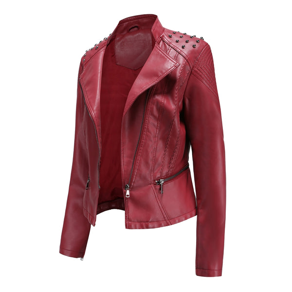 Sidiou Group Anniou Spring Autumn Thin Women Leather Jacket Fashion Slim Long Sleeve Rivet Coat Motorcycle Jacket for Ladies