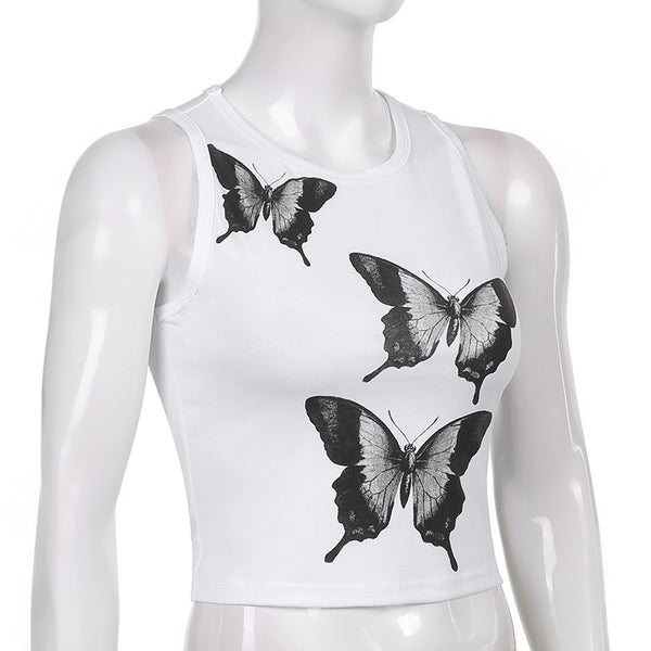 Summer New Fashion Street Butterfly Print O Neck Slim Women's Vests Polyester Clashing Color Sleeveless Top Women Clothing