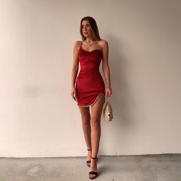 High Quality Women Washable Evening Western Dresses Skew Collar One Shoulder Red Celebrity Shinny Ruched Bodycon Short Dress