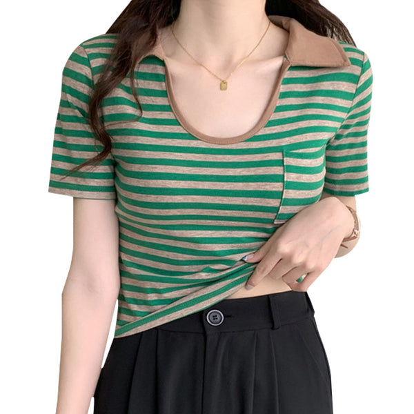 Cheap Price Summer Women's Wear Casual Tops Striped Pockets T-shirt  Slim Sexy Polo Shirt