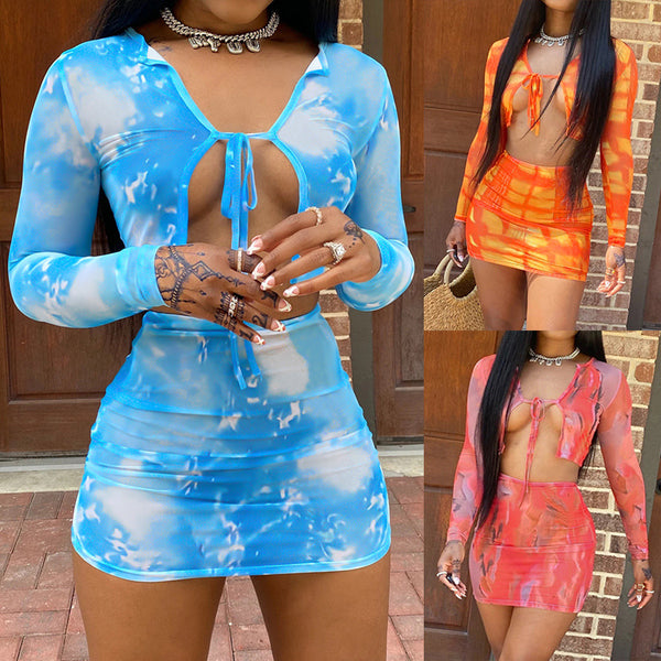 Sidiou Group Custom New Arrival Summer Ladies Two Piece Sets Tie Dye Multicolour Short Dress Set Sexy Skirt Women Clothing