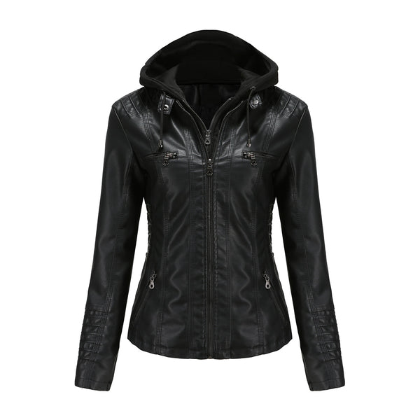 Sidiou Group Anniou Fashion PU Leather Jacket Casual Stand Collar Zipped Biker Jacket with Removable Hood Jacket for Women