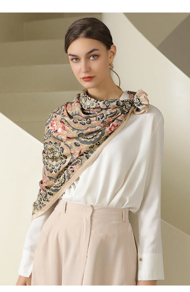 Sidiou Elegant Designer Satin Flowers Print Silk Scarf Hijab Square Famous Brands Handkerchief Silk Stoles Scarves For Women