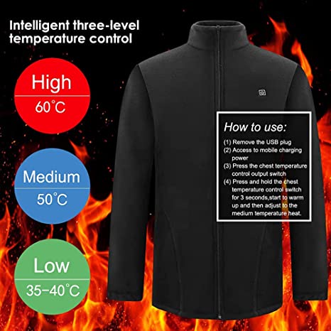 Sidiou Group Anniou Men and Women Polar Fleece Electric Heated Jacket Battery Rechargeable USB Heated Hoodies Sweatshirts Winter Warm Stand Collar Heating Coat