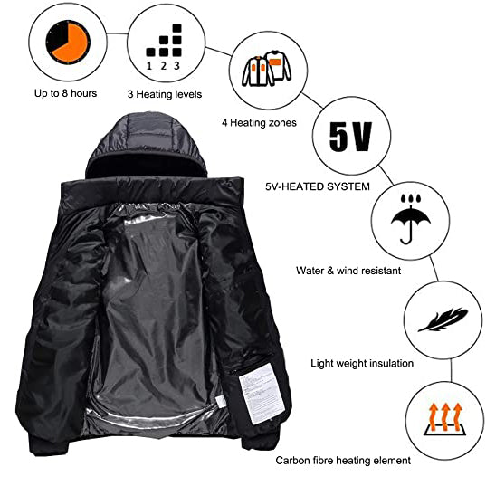 Sidiou Group Anniou USB Heated Jacket for Men Women 3 Levels Adjustable Temperature Heated Coat Winter Down Cotton Hooded Rechargeable Electric Heating Jacket with 10000mAh Battery