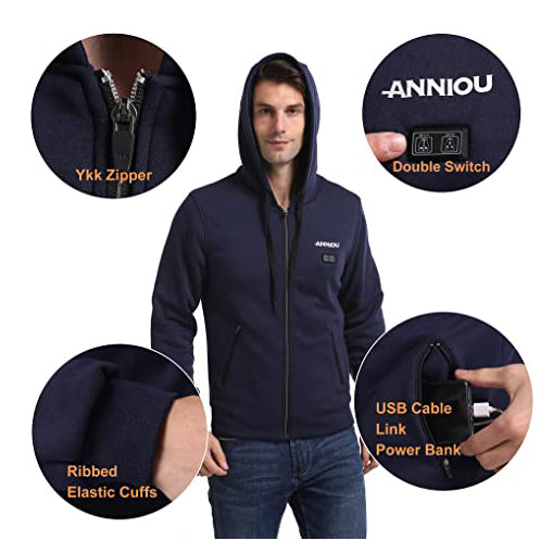 Sidiou Group Anniou Men Double Switch Electric Hoodies Sweatshirt Heated Jacket Coat USB Heated Hoodie
