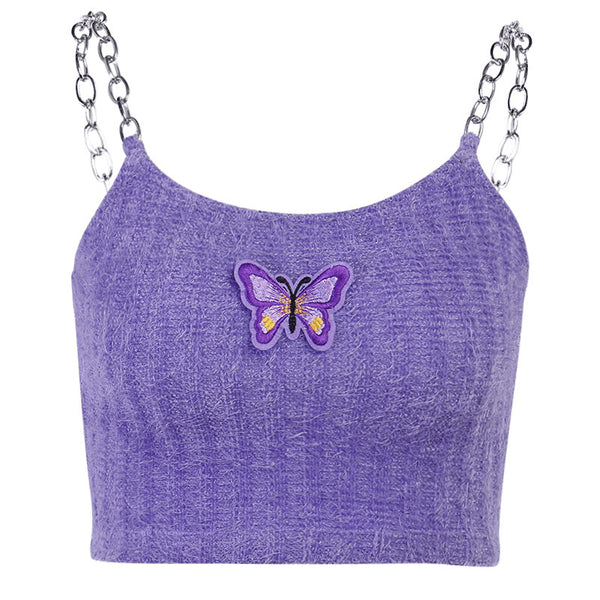 Sidiou Group New Sexy Chain Sling Navel Mini Butterfly Embroidery Vest Hot Girl Tights Solid Color Women's Purple Short Tops