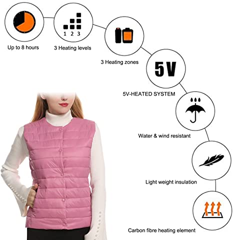 Sidiou Group Anniou Heated Waistcoat USB Electric Heated Vest Rechargeable Lightweight Down Gilet Vest for Women (Package Not Included Power Bank)