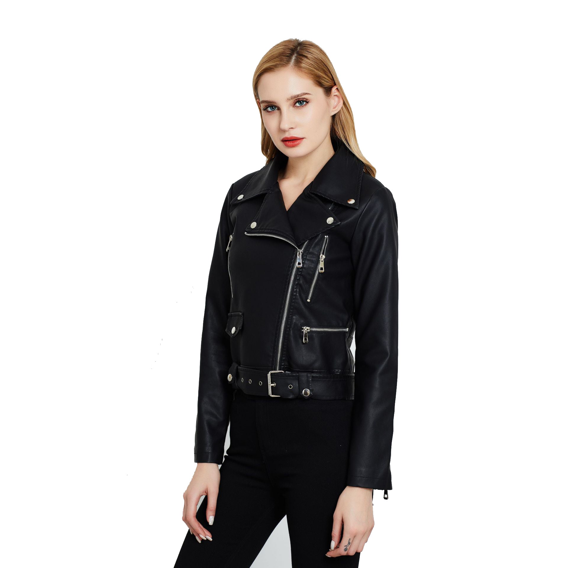 Sidiou Group Anniou High Quality Winter Solid Color Turn-Down Collar Slim Short Jacket Fashion Motorcycle Jacket Women PU Leather Jackets
