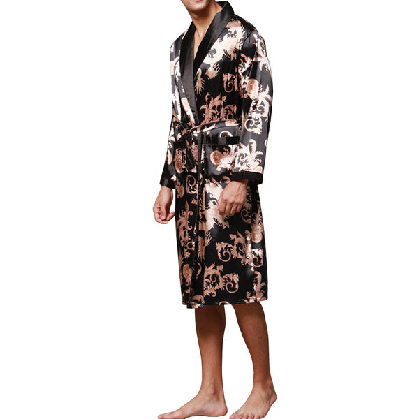 Sidiou Group Anniou Night Robe Men Kimono Bathrobe Long Sleeve Nightgown Satin Dressing Gown Nightwear Sleepwear