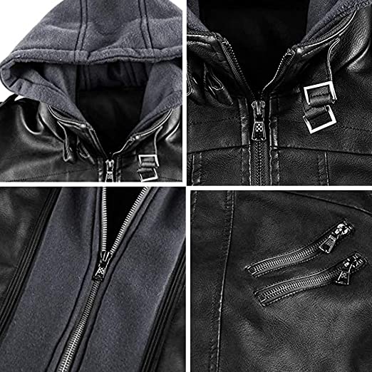Sidiou Group Anniou Mens PU Leather Jacket Casual Stand Collar Zipped Bomber Jacket with Removable Hood Biker Windbreaker Coat Motorcycle Jacket