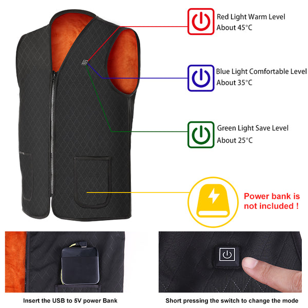 Sidiou Group Anniou 3-speed Adjustable Temperature Self-heating Vest Washable USB Charging Heated Vest Winter Electric Sleeveless Heating Gilet（Without Power Bank）