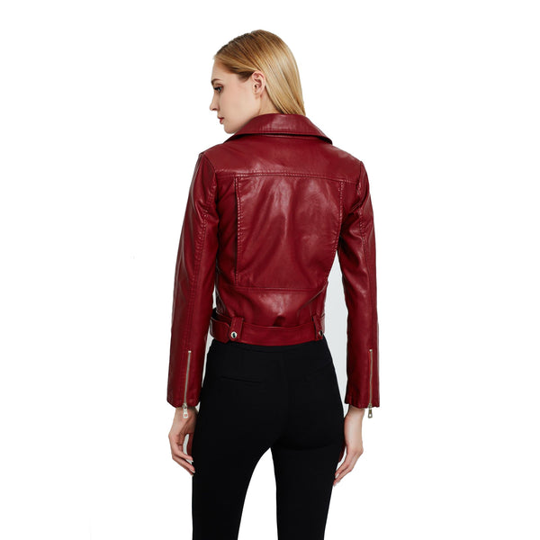 Sidiou Group Anniou High Quality Winter Solid Color Turn-Down Collar Slim Short Jacket Fashion Motorcycle Jacket Women PU Leather Jackets