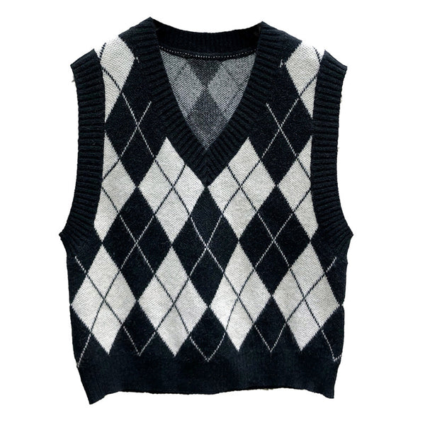 Sidiou Group Anniou Womens Argyle Print Sweater Vest Knit All-match Color V-neck Short Slim Jumpers Sleeveless Knitted Top