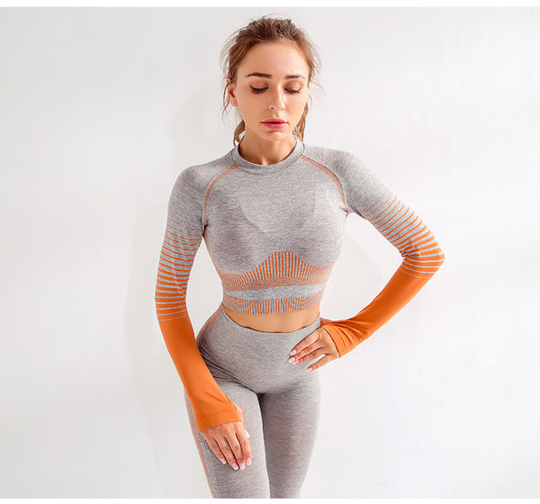 Sidiou Group Anniou Women Gym Clothing Sports Wear Seamless Ombre Long Sleeve Yoga Legging Sets High Waisted Fitnesss Suit