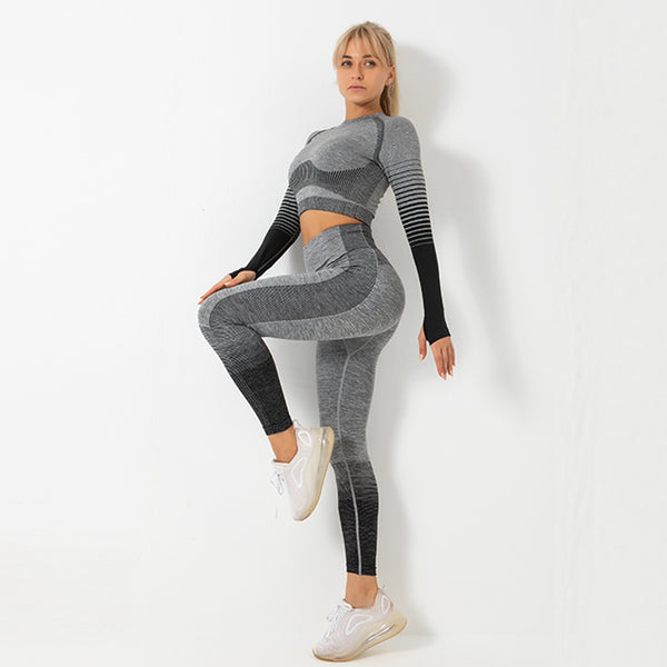 Sidiou Group Anniou Women Gym Clothing Sports Wear Seamless Ombre Long Sleeve Yoga Legging Sets High Waisted Fitnesss Suit