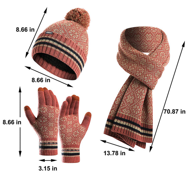 Sidiou Group Winter Women Soft Warm Lining Knitted Beanie Hat Long Scarf Touch Screen Gloves 3 Pcs Set for Outdoor